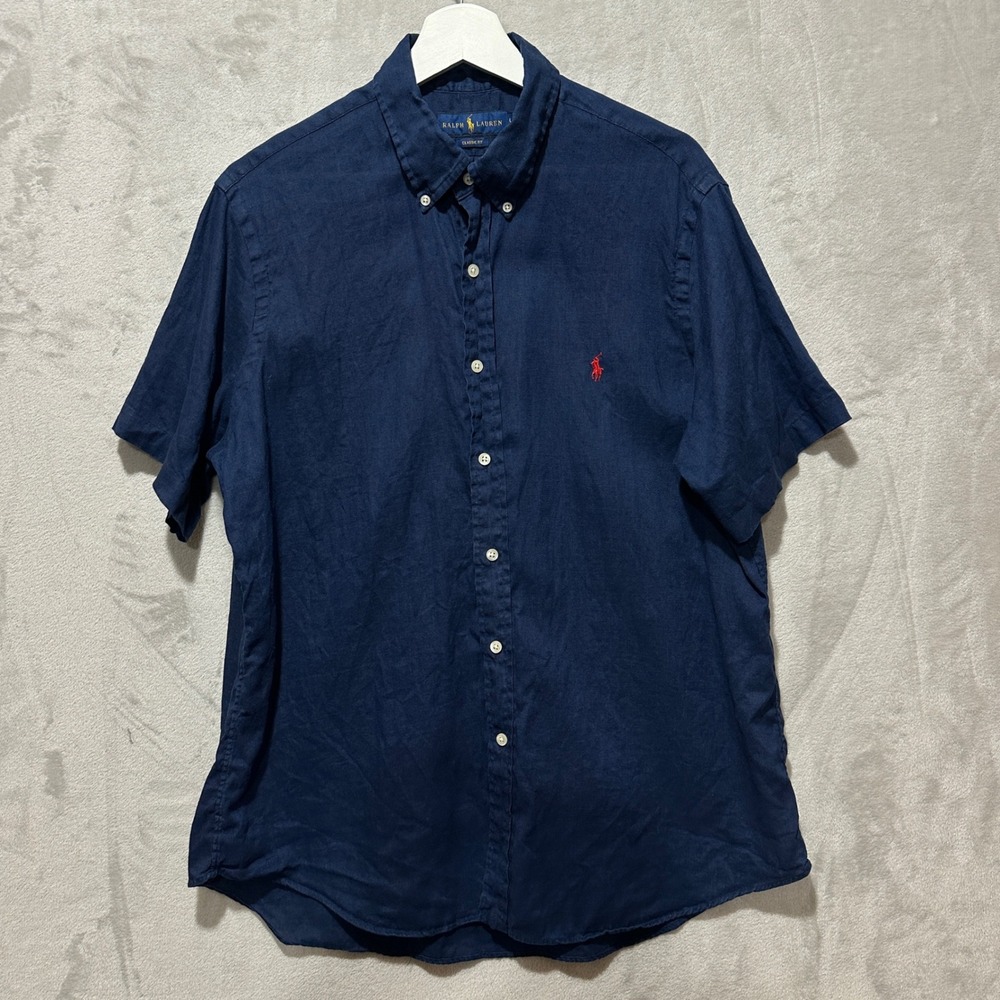 Ralph Lauren Mens Classic Fit Navy Blue 100% Linen Short Sleeve Button Down L